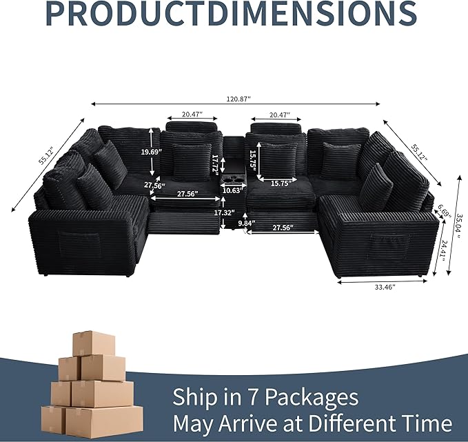 LEVNARY 6-Seat U Shaped Modular Sectional Sofa with Power Recliners, Faux Rabbit Fur Upholstery, Storage Console with Charging Ports & Cup Holders, Living Room Couch Set for Home Office (Black)