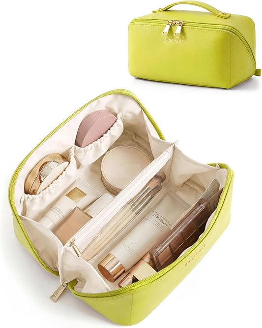 BAGSMART Makeup Bag Travel Cosmetic Bag, Large Make Up Bag Flat Open Toiletry Bag for Women, PU Leather Travel Essentials Organizer Case, Wide-open Pouch Purse for Skincare, Brushes, Light Green