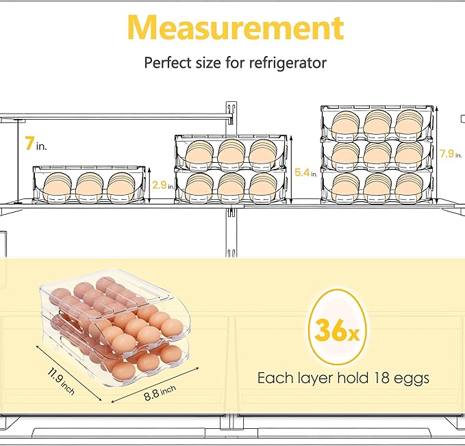 SMRCAD Egg Holder for Fridge, Automatic Steady Rolling Egg Container with Soft Bumpers & Handle for Refrigerator, Stackable Fridge Organizers and Storage with Lid