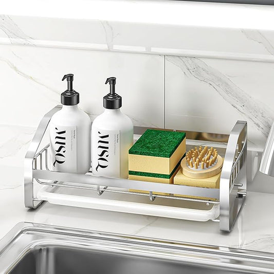 BSKSSK Sink Caddy,Sponge Holder for Kitchen Sink, Kitchen Bathroom Sink Organizer,304 Stainless Steel Kitchen Countertop Organizer Soap Tray with Removable Drain Tray Length Version - Silver