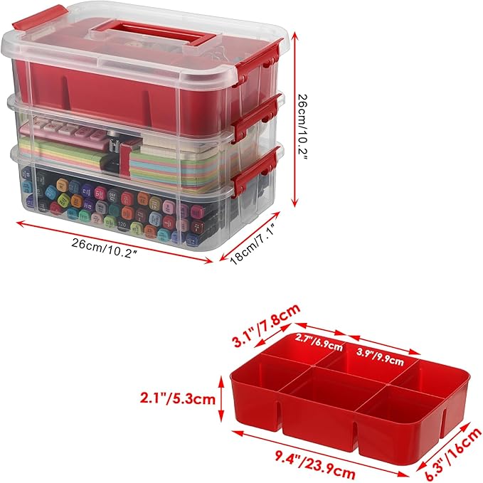 JUXYES 2Pack 3-Tiers Stack Carry Storage Box With Divided Tray, Transparent Stackable Storage Bin With Handle Lid Latching Storage Container for School & Office Supplies, Red