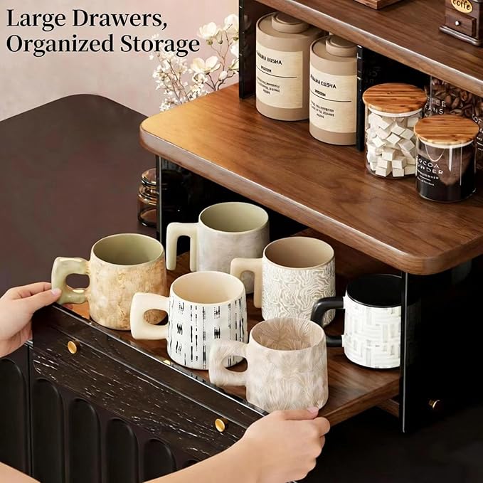 Acrylic Coffee Cup Display Shelf, Multi-Layer Countertop Mug Organizer with Pull-Out Drawer, Retro Water-Ripple Design, 2-Tier Storage Rack for Kitchen, Coffee Bar (Original Wood with Acrylic)