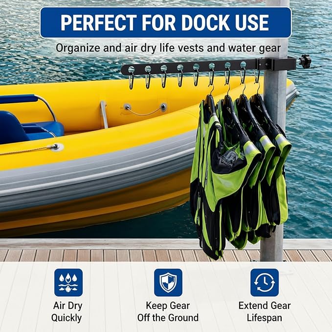 Sintuff Life Vest Holder Aluminum Drying Rack Holds up to 8 Life Vests Wetsuit Hanger Vest Hanger Collapsible Dock Organizer for Pfds & Floats, Fits a 0.67-2.56 in Square Post, No-Drill Installation