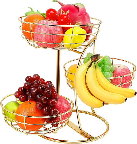 Livabber Fruit Basket Bowl with Banana Hanger, Fruit Vegetable Storage Basket with Banana Tree Holder for Kitchen Counter, Detachable Organizer for Bread Snack Produce (Gold, 3-Tier Metal Base)