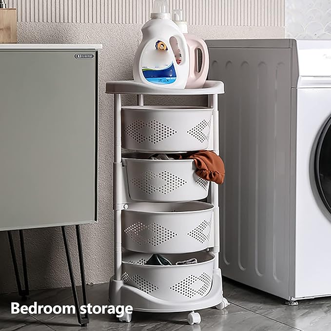 4 Tier Rotating Kitchen Storage Basket Rack Storage Shelf Cart Fruit Vegetable Organizer with Casters Rolling Multi-Layer Round Bin Storage Space Saver for Home Household Grocery