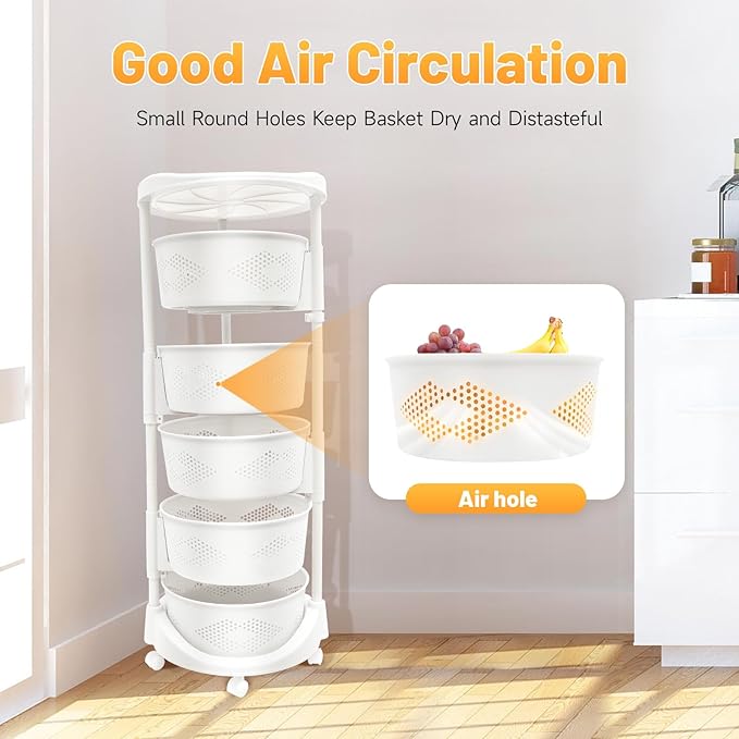5 Tier Rotating Kitchen Storage Basket Rack Storage Shelf Cart Fruit Vegetable Organizer with Casters Rolling Multi-Layer Round Bin Storage Space Saver for Home Household Grocery