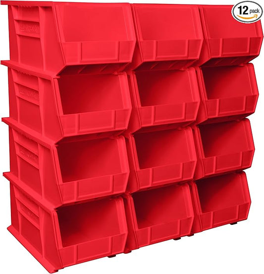 Akro-Mils 30240 AkroBins Plastic Storage Bins, Space-Saving Stackable Bins for Garage, Pantry, Craft Organization, 15-Inch x 8-Inch x 7-Inch, Red, 12-Pack