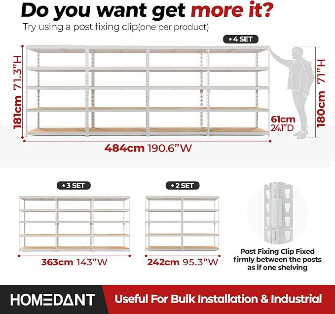 HOMEDANT 47.7" W Deep 5 Tier Heavy Duty Garage Shelving Adjustable Metal Rack Storage Shelves Standing Shelf Unit Organizers Industrial Warehouse Basement White 2Pack