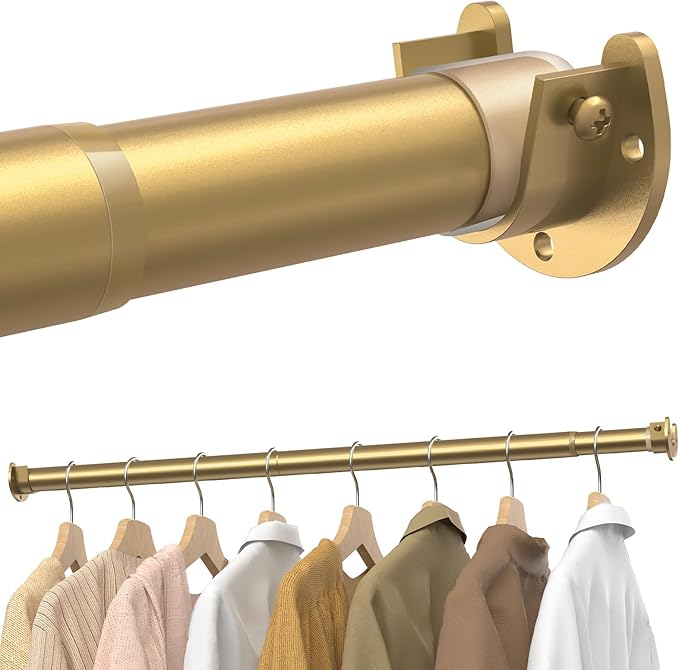 Supforce Closet Rods for Hanging Clothes, 17 to 28 Inches Stepless Adjustable Metal Closet Rod, 1.3 Inches Heavy Duty Clothes Hanging Rod for Closet Wardrobes Laundry RV, Golden