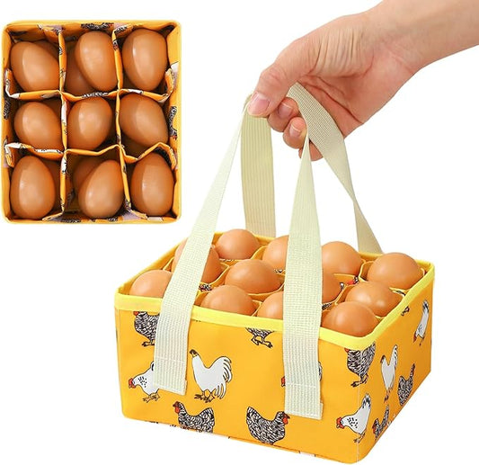 Removable Egg Collecting Basket, Egg Basket for Gathering Fresh Eggs with 9 Pouches, Foldable Canvas Egg Holder, Collector Egg for Chicken, Duck, Goose, Collection (Yellow-flowered Chicken)