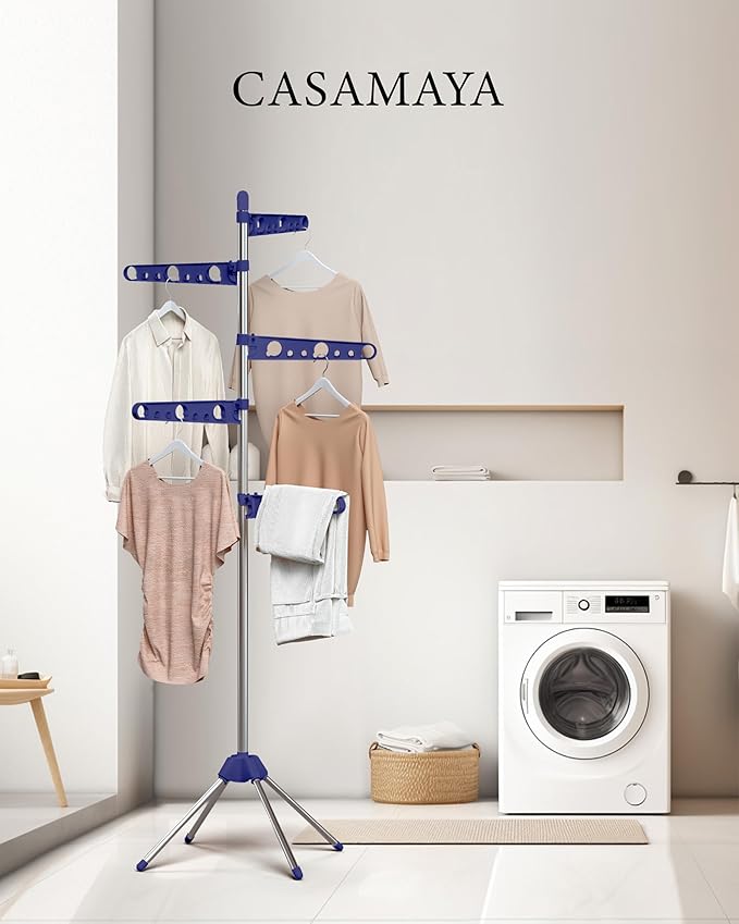 CASAMAYA Clothes Drying Rack Foldable, 70.9 inch Tripod Drying Rack for 35 Pieces of Clothes, with Height-Adjustable Rotatable Clothes Rails, Space Saving, Stainless Steel, Blue and Silver CDR005Q01