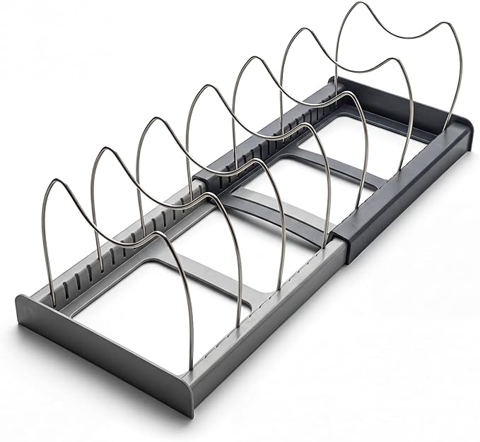 OMIO Expandable Pot Lid Organizer Rack for Under Cabinet, Adjustable 12"-22" Kitchen Storage with 7 Steel Dividers, Scratch-Resistant ABS Base for Pans, Cutting Boards, Bakeware, Grey