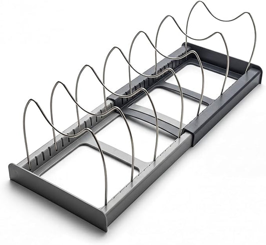 OMIO Expandable Pot Lid Organizer Rack for Under Cabinet, Adjustable 12"-22" Kitchen Storage with 7 Steel Dividers, Scratch-Resistant ABS Base for Pans, Cutting Boards, Bakeware, Grey