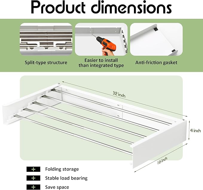 BOQORAD Clothes Drying Rack Wall Mounted 32“,Drying Rack Clothing Wall Mount,Laundry Drying Rack,Wall Mounted Clothes Hanging Rack (White)