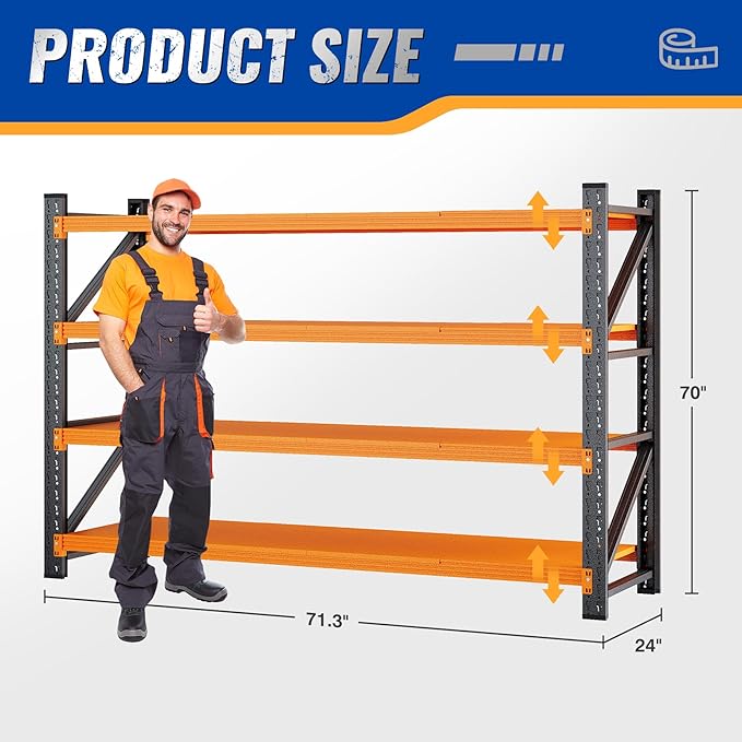 BYNSOE 71" W Storage Shelves 5000lbs Garage Metal Shelving Heavy Duty Garage Shelves Adjustable Storage Shelves for Industrial, Factory (Black-Orange, 71" W x 24" D x 69" H)