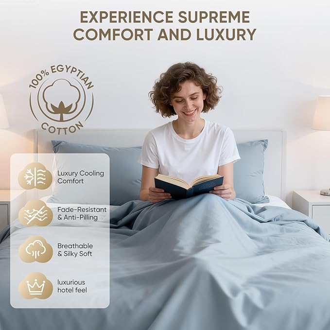 TWK 1200 Thread Count 100% Egyptian Cotton Sheets Bed Set,Thickness,Long-Lasting Durability,Resists Pilling,Deep Pocket Up to 18",with a Laundry Bag (French Blue, California King)