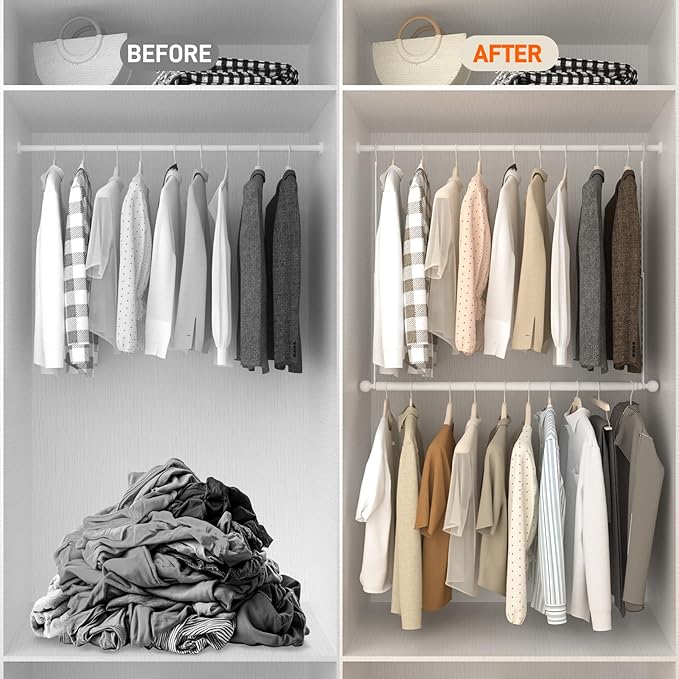 SUTINE Closet Rods for Hanging Clothes, Adjustable Metal Closet Extender Hanging Rod, Space-Saving Closet Rod Extender Clothes Hanging Bar, Closet Poles for Hanging Clothes (White, 31.5-47.2 IN)