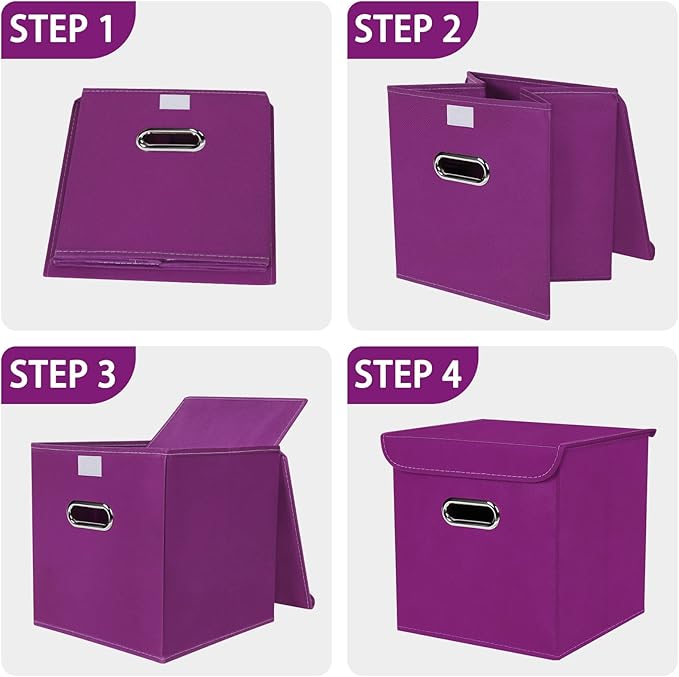 Closet Organizers Fabric Storage Bins With Lids Collapsible Cube Storages Organizer Basket With Handles,Storage Boxes for Clothes Storage,Office,Toys,3 Pack,（Purple