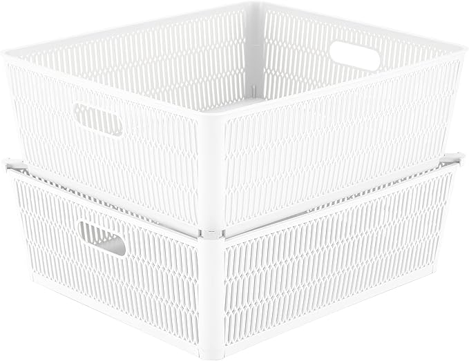 Simplify 2Pk Shallow Slide 2 Stack It Tote Basket | Storage & Organization | Open Bins with Stackable Capability | Bathroom | Crafts | Pantry | Playroom | Office | White