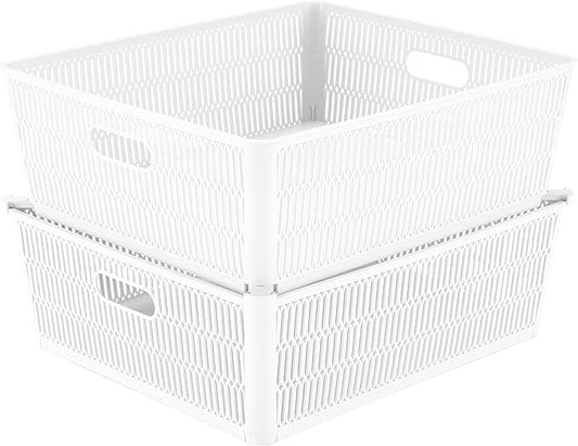 Simplify 2Pk Shallow Slide 2 Stack It Tote Basket | Storage & Organization | Open Bins with Stackable Capability | Bathroom | Crafts | Pantry | Playroom | Office | White