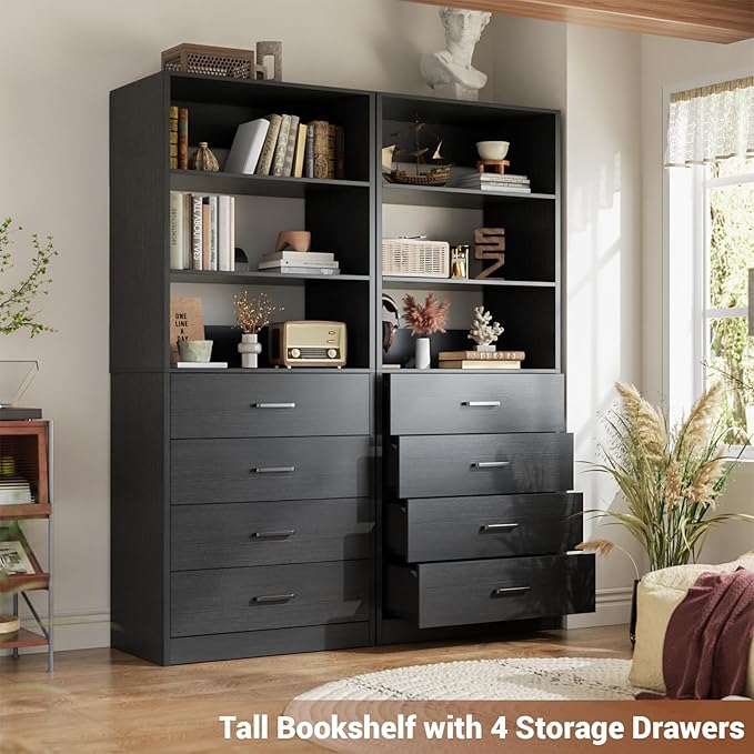 Aheaplus Closet Drawers Organizer System, 21.3" Wood Closet System with 4 Drawers, Modular Walk-in Closets Storage Unit, Tall Bookshelf Storage Cabinet, Black