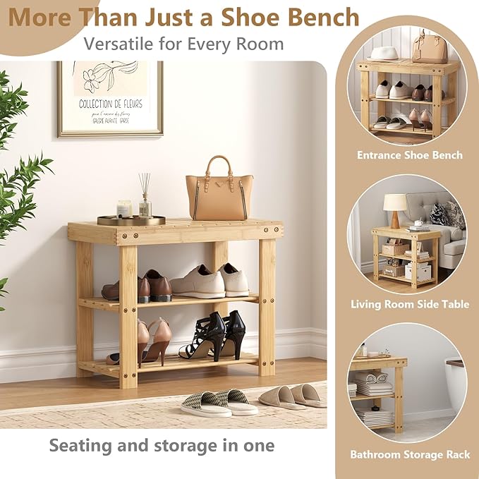 Sweetcrispy Shoe Rack Bench, 3-Tier Bamboo Entryway Storage Organizer, 286lb Capacity, Shoes Stand for FrontDoor Entrance, Bedroom, Living Room, Bathroom, Balcony, 19 Inches Length, Wood
