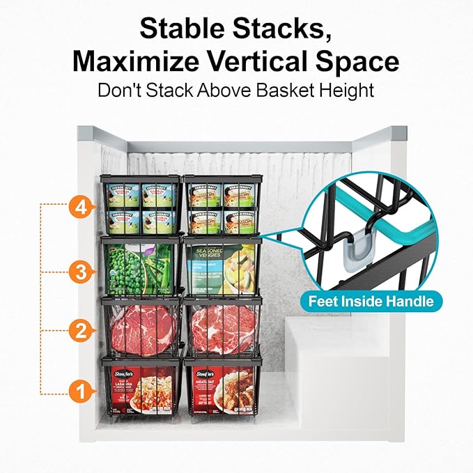 iSPECLE Freezer Organizer Bins - Fits 7 Cu.Ft Chest Freezer, 4 Pack Stackable Wire Baskets(14.7" Length), Heavy Duty Coated Deep Freezer Organizer, Rust Resistant for Frozen Food Sorting, Black