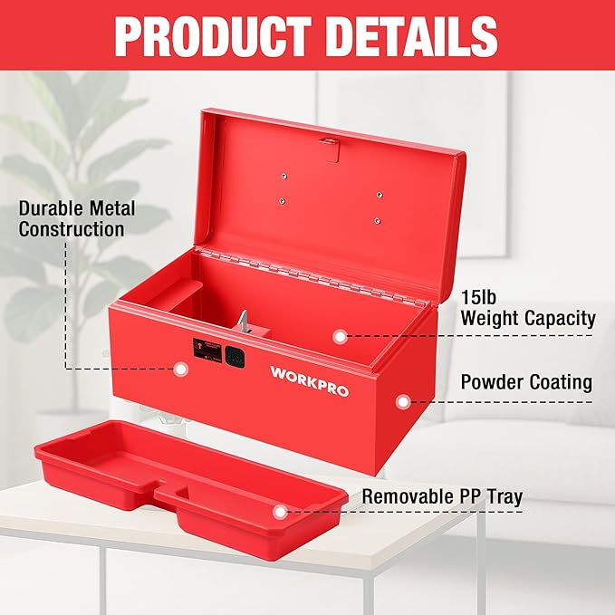 WORKPRO 10.8" Portable Mini Metal Tool Box with Removable Color-Matching Tray, One-Button Latch Toolbox, Steel Tool Chest with PP Handle, Compact Storage Organizer for Home, Office or Workshop
