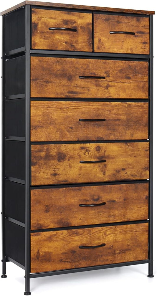 Mifuro Tall Dresser for Bedroom, Vertical Storage Organizer Tower with 7 Drawers, Chest of Drawers with Fabric Bins, Steel Frame, Wood Top for Bedroom, Closet, Entryway- Rustic Brown
