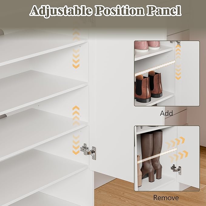 Shoe Cabinet Storage for Entryway, 5 Tier Fluted Shoe Storage Cabinet with Wooden Legs, Narrow Hidden Shoe Organizer with Adjustable Shelves, Freestanding Shoe Rack for Entryway, Hallway, White