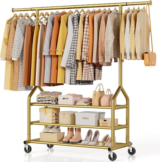 EAGMAK Heavy Duty Clothes Rack Load 688 LBS, Rolling Clothing Rack With 3 Shelves, Adjustable Metal Clothes Hanger with Wheels Portable Wardrobe Organizer Garment Rod for Hanging Clothes (Gold)