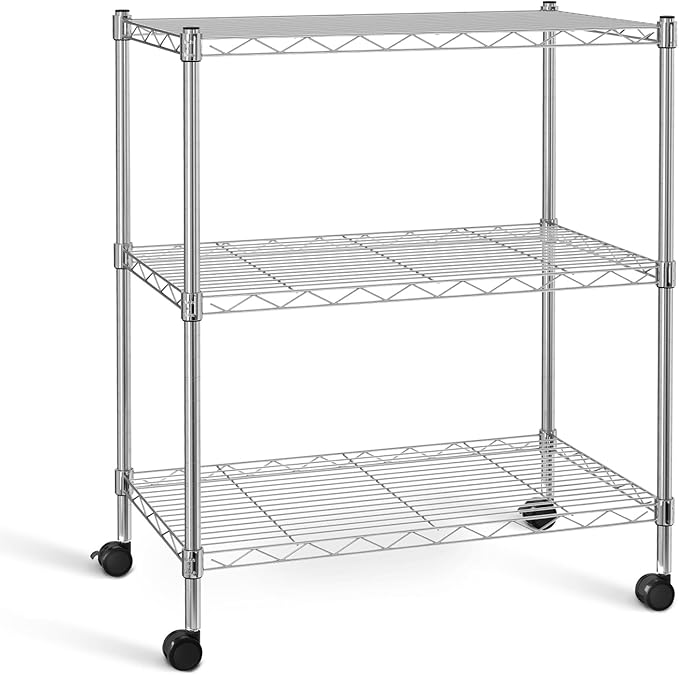 Simple Deluxe Heavy Duty 3-Shelf Shelving with Wheels, Adjustable Storage Units, Steel Organizer Wire Rack, 24.02”L x 13.78“W x 31.89”H, Chrome, HKSHLF23133003CPC