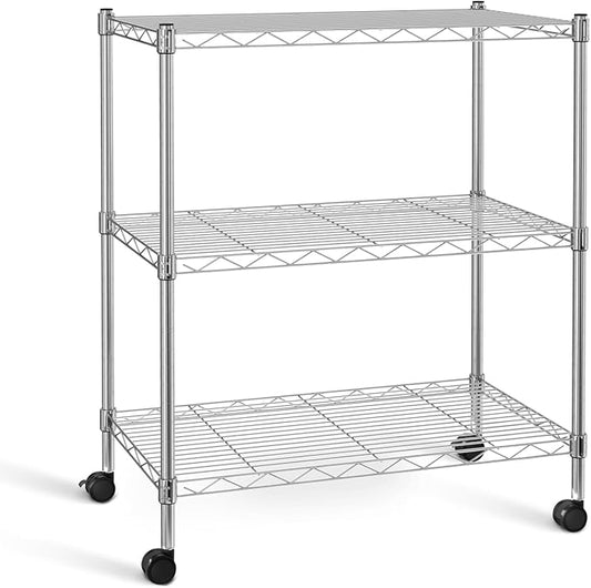 Simple Deluxe Heavy Duty 3-Shelf Shelving with Wheels, Adjustable Storage Units, Steel Organizer Wire Rack, 24.02”L x 13.78“W x 31.89”H, Chrome, HKSHLF23133003CPC