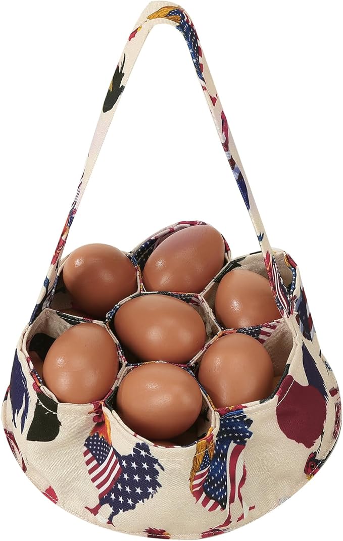 Egg Collecting Basket, Canvas Egg Basket for Gathering with 7 Pouches for Chicken, Duck, Goose, Bird, Various Poultry Collection (Flag Chicken)