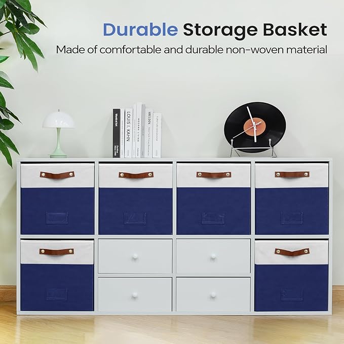 FinishingBo 6-Pack Storage Cubes with Handles & Label Holders Basket, Closet Cube Home Organizer Bins(White/Blue, 13 x 13 x 13 inch)