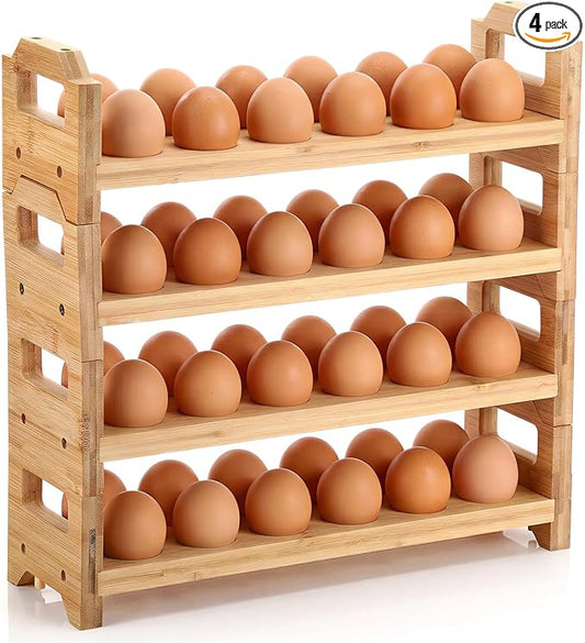 LemonRoad 4 Tier Wooden Egg Holder for Countertop, Bamboo Stackable Fresh Egg Storage Farmhouse Collecting Rack for Gathering Kitchen Organizer Duck Eggs Display, Stackable with 48 Eggs