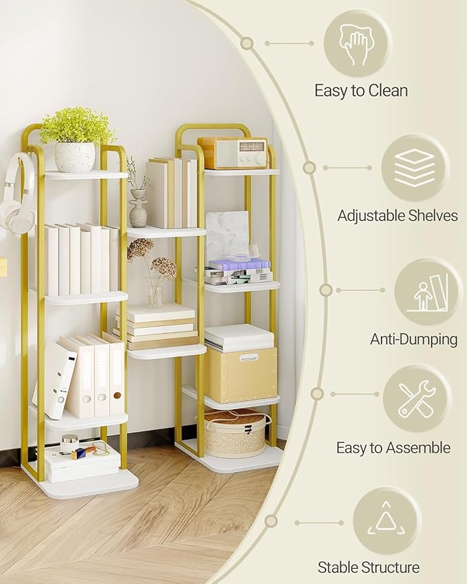 Hzuaneri 6 Tiers Vertical Shoe Rack, Narrow Shoe Tower, Tall Shoes Shelf with 2 Hooks, Adjustable Shelves, Corner Shoes Shelves for Small Spaces, Entryway, Living Room, White Gold SR04213A