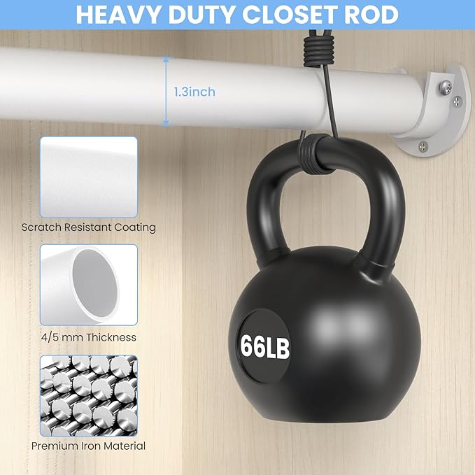 3 Pack Closet Rods for Hanging Clothes, 17 to 28 Inch Heavy Duty Stepless Adjustable Closet Hanging Rod, 1.3 Inch Diameter Metal Closet Rod for Wardrobes Laundry Bedroom RV, White
