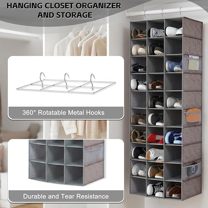 coastal rose Hanging Shoe Organizer, 30 Sections Hanging Shoe Organizer for Closet with 6 Mesh Pockets, Space Saving Hanging Shoe Rack, Grey Closet Shoe Organizer