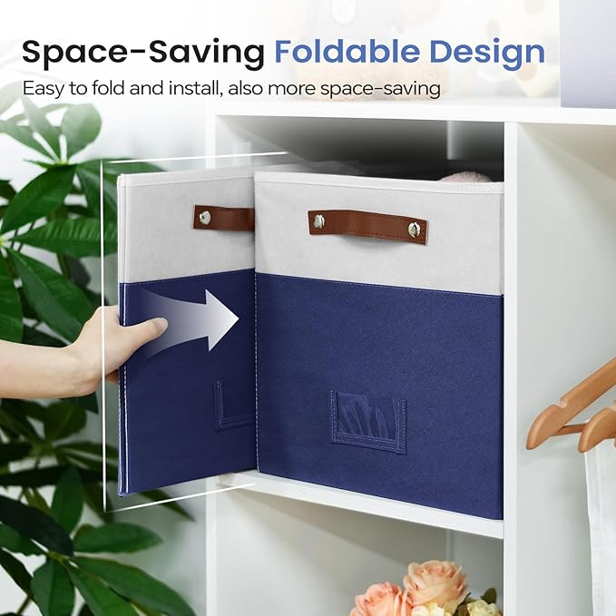 FinishingBo 6-Pack Storage Cubes with Handles & Label Holders Basket, Closet Cube Home Organizer Bins(White/Blue, 13 x 13 x 13 inch)