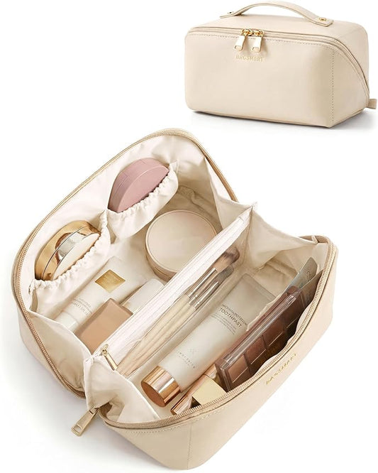 BAGSMART Makeup Bag Travel Cosmetic Bag, Large Make Up Bag Flat Open Toiletry Bag for Women, PU Leather Travel Essentials Organizer Case, Wide-open Pouch Purse for Skincare, Brushes, Cream Beige