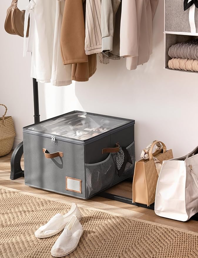 StorageWorks Shoe Organizer for Closet, Fabric Shoe Storage Boxes for Slippers and Sandals, Stackable Shoe Bins for Closet with Side Mesh Pockets, Holds Up to 16 Pairs, Gray