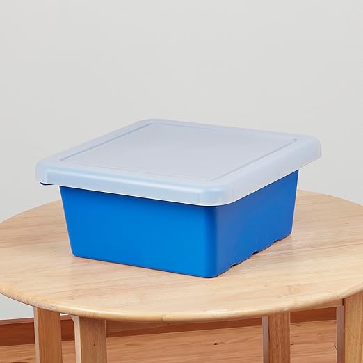 ECR4Kids Stackable Square Bins with Non-Snap Lids, Multipurpose Organization, Blue, 4-Pack