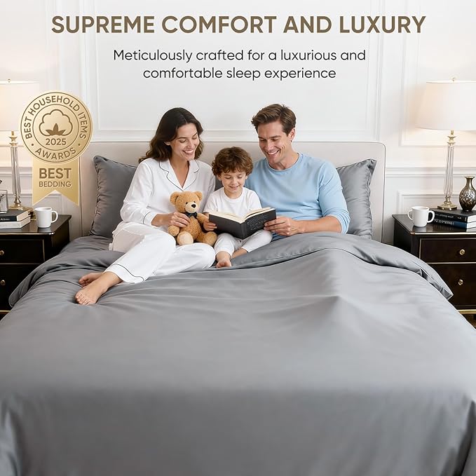 TWK 1200 Thread Count 100% Egyptian Cotton Sheets Bed Set,Thickness,Long-Lasting Durability,Resists Pilling,Deep Pocket Up to 18",with a Laundry Bag (Gray, Full)