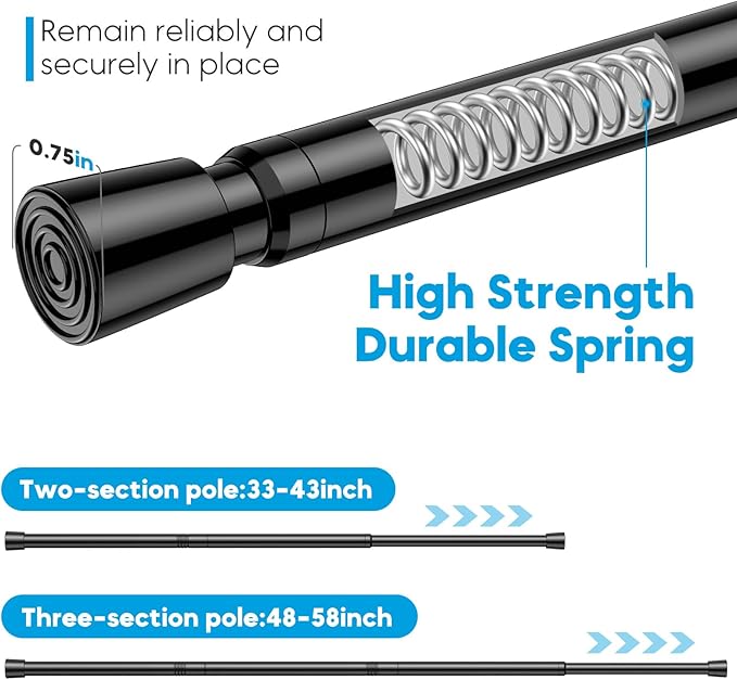 AIZESI 2 Pack Adjustable Tension Curtain Rod 32 to 58 inch, Curtain Rods No Drilling Expandable Spring Loaded Curtain Rods for Windows Doors, Black