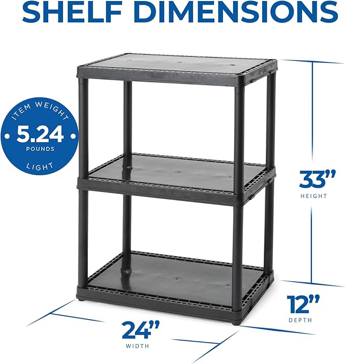 Gracious Living 3 Shelf Fixed Height Light Duty Storage Unit 12 x 24 x 33 Organizer System for Home, Garage, Basement, & Laundry, Black (3 Pack)
