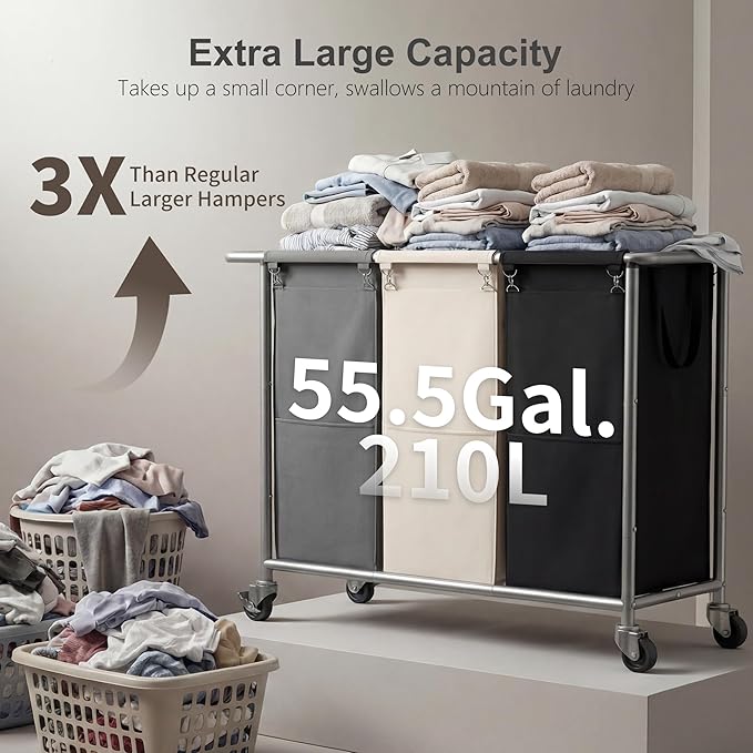 Heybly 3-Section Laundry Sorter Hamper,Rolling Laundry Hamper with Removable Bags – Heavy-Duty Laundry Sorter Cart with Wheels for Dirty Clothes, 40.2 x 15.4 x 33.1 Inches HLH024P03