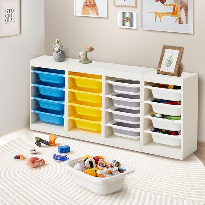 Beright Storage Combination with Bins, Toy Storage Organizer for Kids, Multipurpose Children Cabinet Organizer for Books and Toys with 4 Small Bins, Floor, White