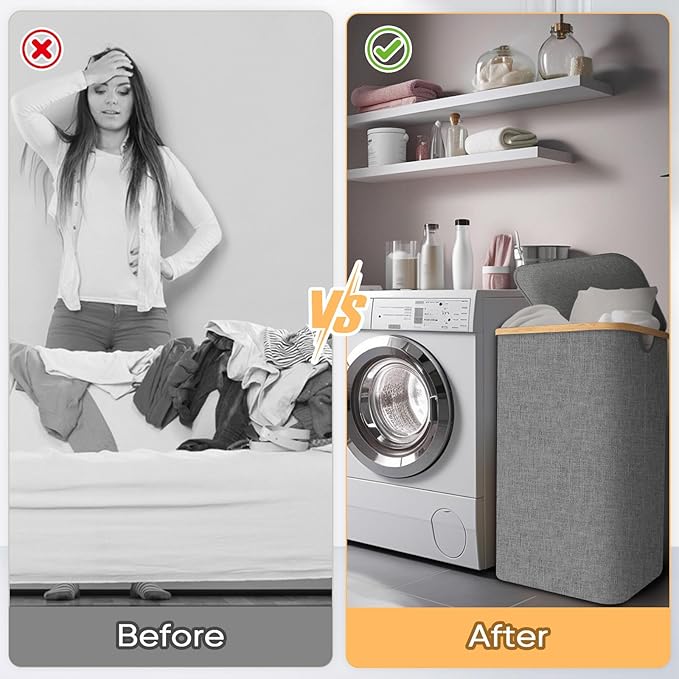 BALEINE Laundry Hamper with Lid, Tall Laundry Baskets with Bamboo Pull Handles, Large Laundry Bin with Internal Support (18 Gal/70L, Grey Pinstripe)