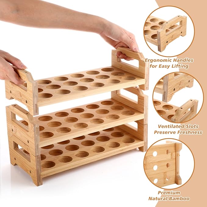 Reallnaive 4 Tier Wooden Egg Holder for Countertop, Bamboo Stackable Fresh Eggs Storage Farmhouse Collecting Rack for Gathering Kitchen Organizer or Easter Egg Display, Stackable with 72 Eggs(Wood)